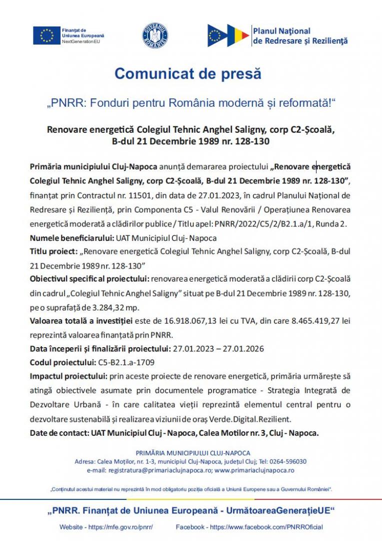 Comunicat de presă „PNRR: Fonduri pentru România modernă și reformată!“ - Renovare energetică Colegiul Tehnic Anghel Saligny
