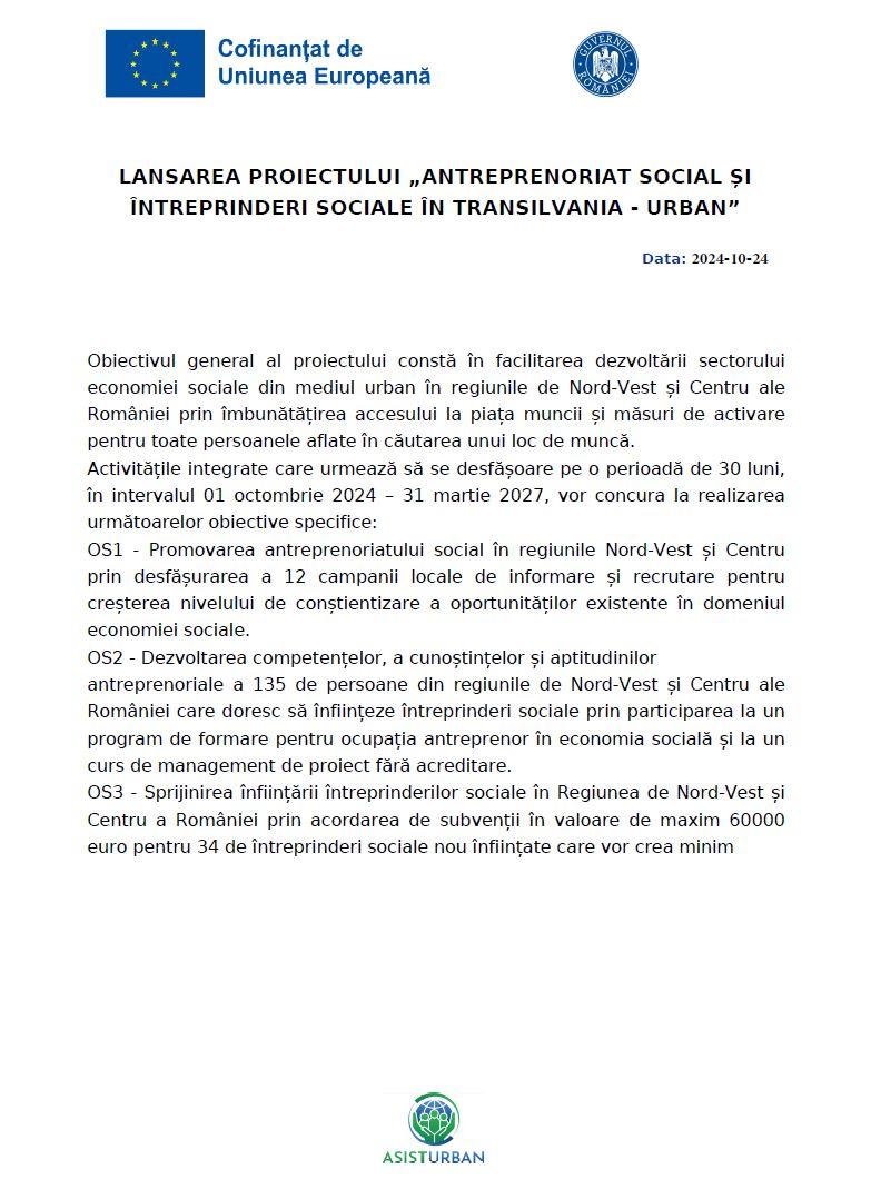 Comunicat de presă: Lansarea proiectului „Anteprenoriat social și întreprinderi sociale în Transilvania - urban”