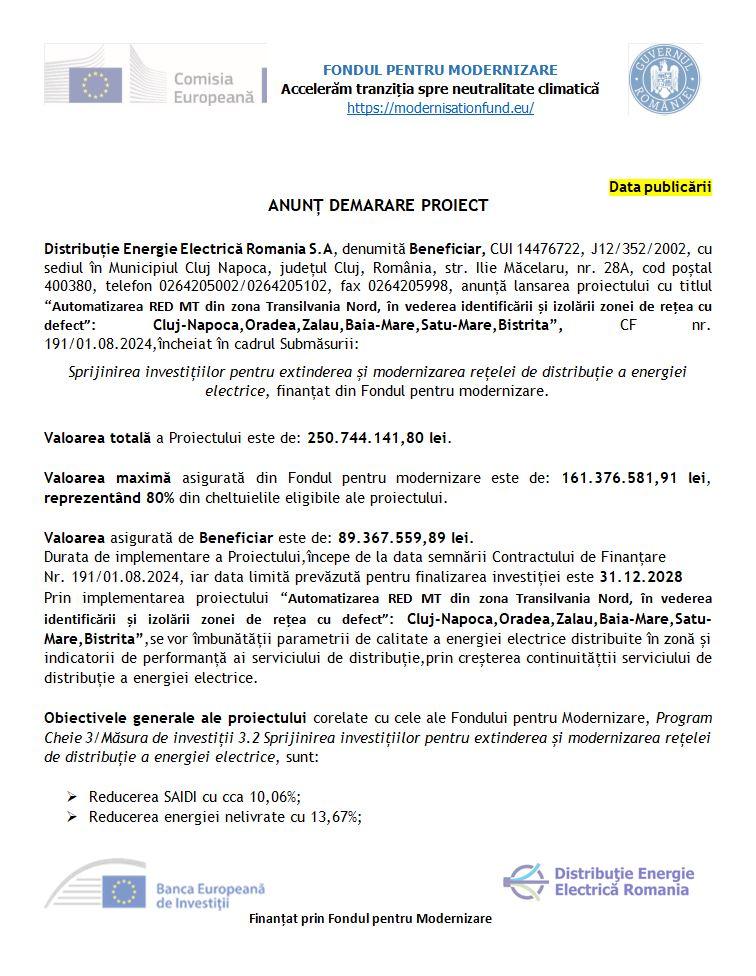 DEER anunță lansarea proiectului “Automatizarea RED MT din zona Transilvania Nord, în vederea identificării și izolării zonei de rețea cu defect”