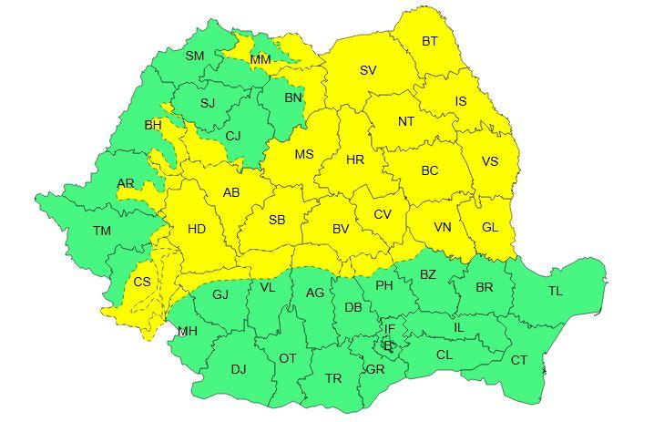 Noi atenționări COD GALBEN de vânt puternic și ninsori, în mare parte din țară, inclusiv în Cluj