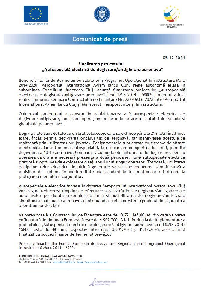 Comunicat de presă: Finalizarea proiectului „Autospecială electrică de degivrare/antigivrare aeronave”