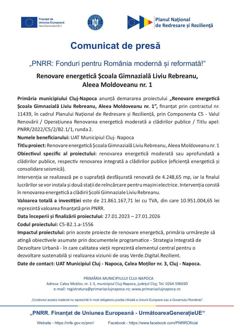 Comunicat de presă - "PNRR: Fonduri pentru România modernă și reformată!" - Renovare energetică Școala Gimnazială Liviu Rebreanu, Aleea Mold