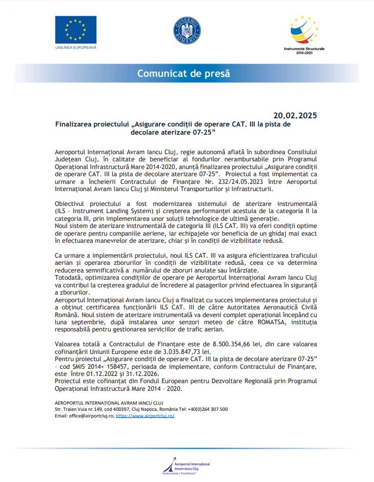 Aeroportul Cluj anunţă finalizarea proiectului ”Asigurare condiții de operare CAT. III la pista de decolare aterizare 07-25”
