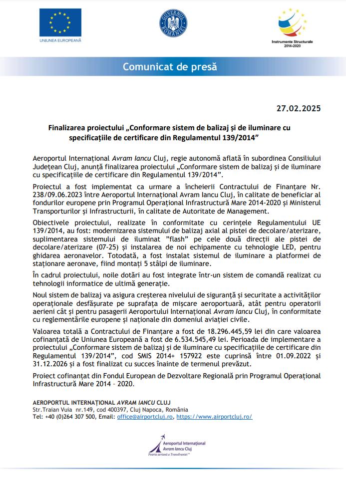 Aeroportul Cluj anunţă finalizarea proiectului „Conformare sistem de balizaj și de iluminare cu specificațiile de certificare din Regulamentul 139/201