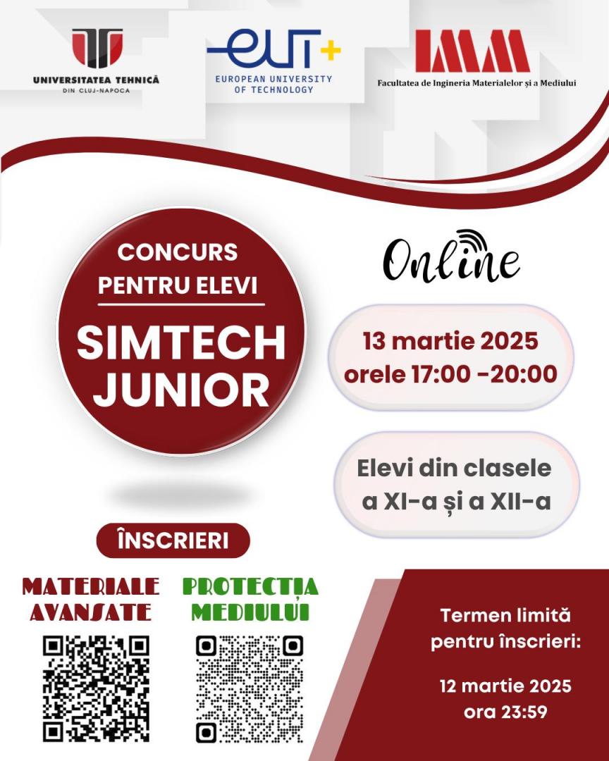 Concurs pentru admitere cu nota 10 la Facultatea de Ingineria Materialelor și a Mediului (UTCN). Cum participă elevii