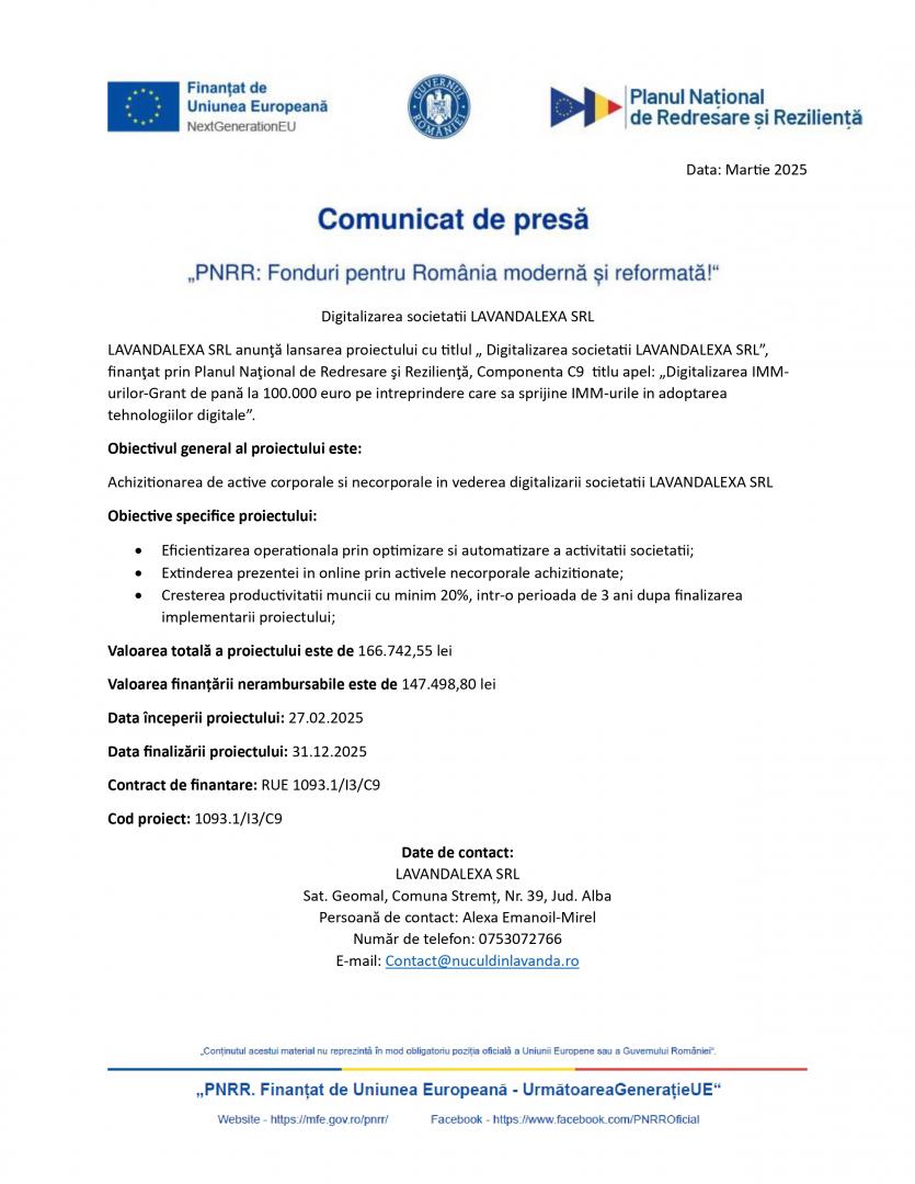 COMUNICAT DE PRESĂ  "PNRR: Fonduri pentru România modernă și reformată!" - Digitalizarea societății LAVANDALEXA SRL