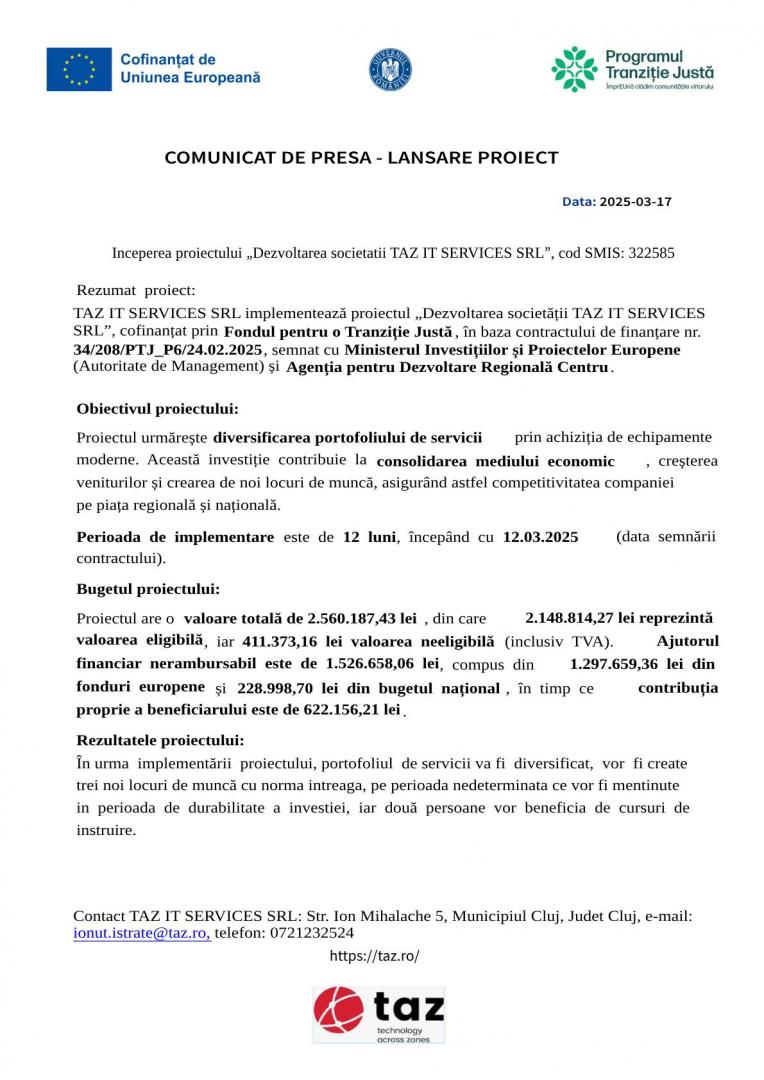 COMUNICAT DE PRESĂ TAZ IT SERVICES - LANSARE PROIECT