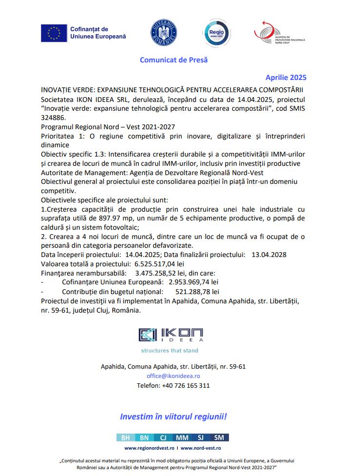 Comunicat de presă: “INOVAȚIE VERDE: EXPANSIUNE TEHNOLOGICĂ PENTRU ACCELERAREA COMPOSTĂRII”