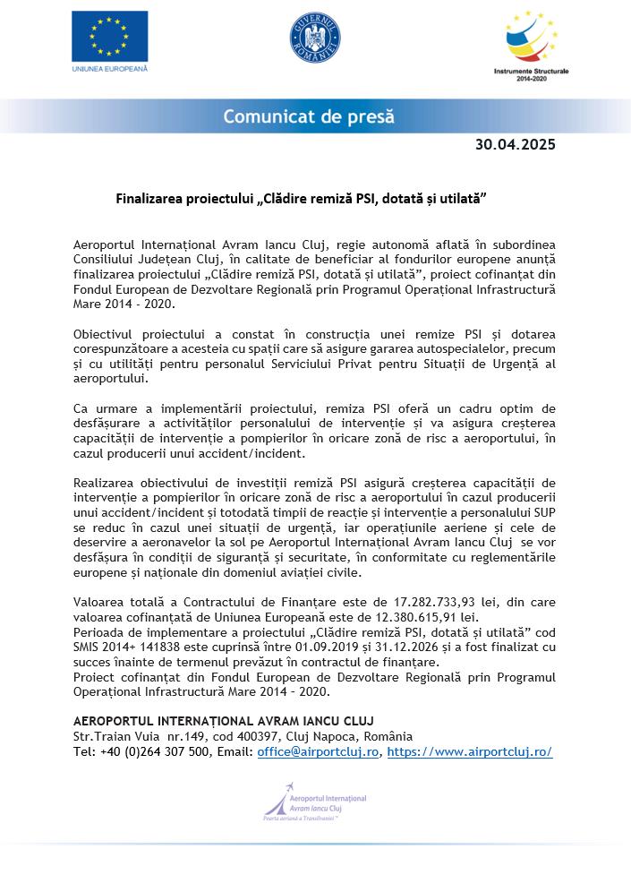 Comunicat de presă: Aeroportul Internațional Avram Iancu Cluj anunță finalizarea proiectului „Clădire remiză PSI, dotată și utilată”