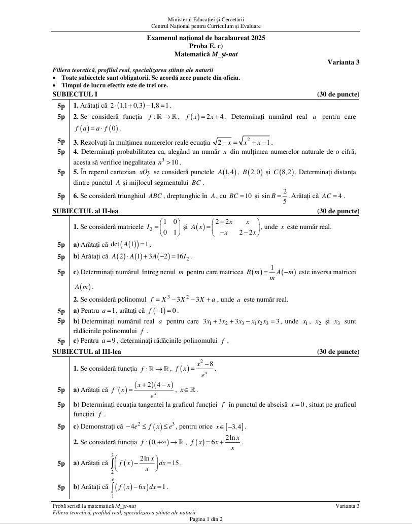 BAC 2025. SUBIECTELE și BAREMUL la Matematică. Ce au avut de rezolvat elevii, în funcție de profil