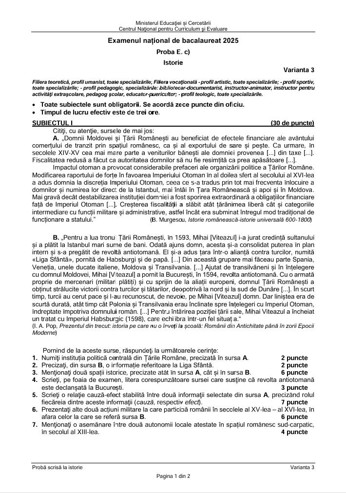 BAC 2025. Ce SUBIECTE au primit elevii la Istorie