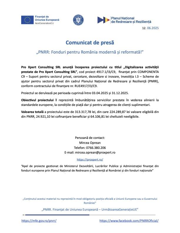Comunicat Pro Xpert COnsulting SRL