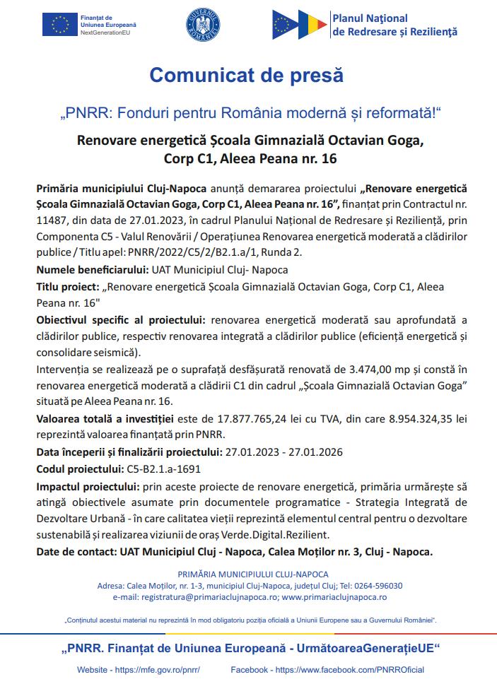 Comunicat de presă - "PNRR: Fonduri pentru România modernă și reformată!" - Renovare energetică Școala Gimnazială Octavian Goga, Corp C1