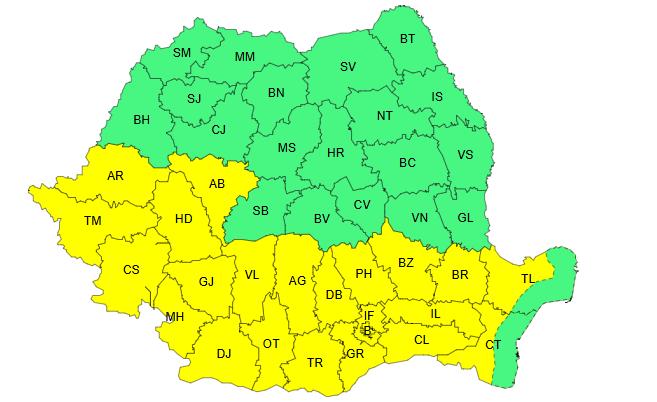 Cod Galben de temperaturi ridicate în aproape jumătate de țară. Harta zonelor vizate