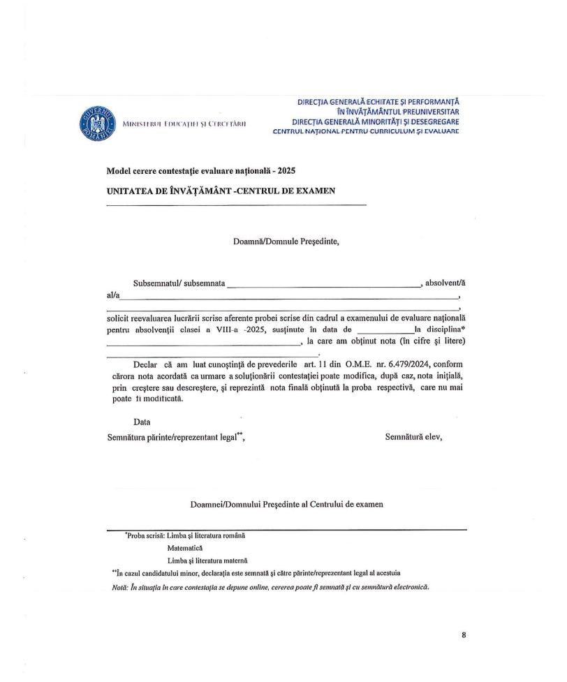 Model de cereri pentru vizualizarea lucrarilor și contestație la Evaluarea Națională. Când și unde se depun