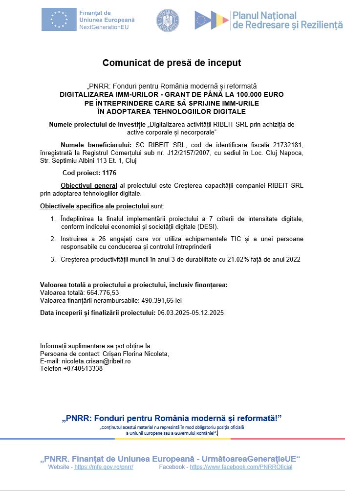 Comunicat de presă de început - "PNRR: Fonduri pentru România modernă și reformată" - „Digitalizarea activității RIBEIT SRL prin achiziția d