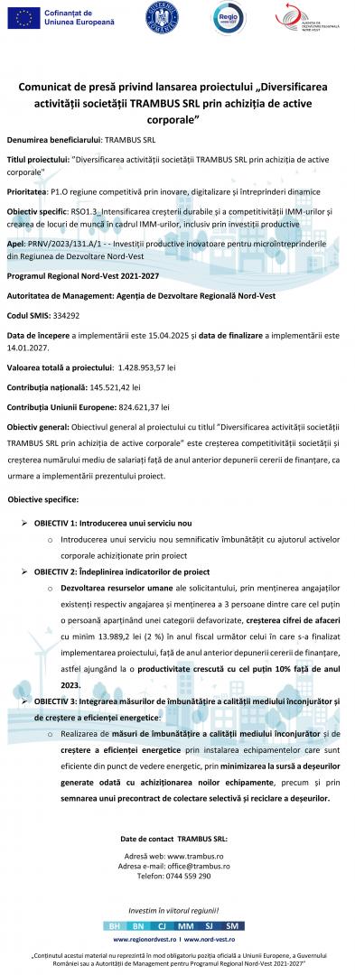 Comunicat de presă privind lansarea proiectului „Diversificarea activității societății TRAMBUS SRL prin achiziția de active corporale”