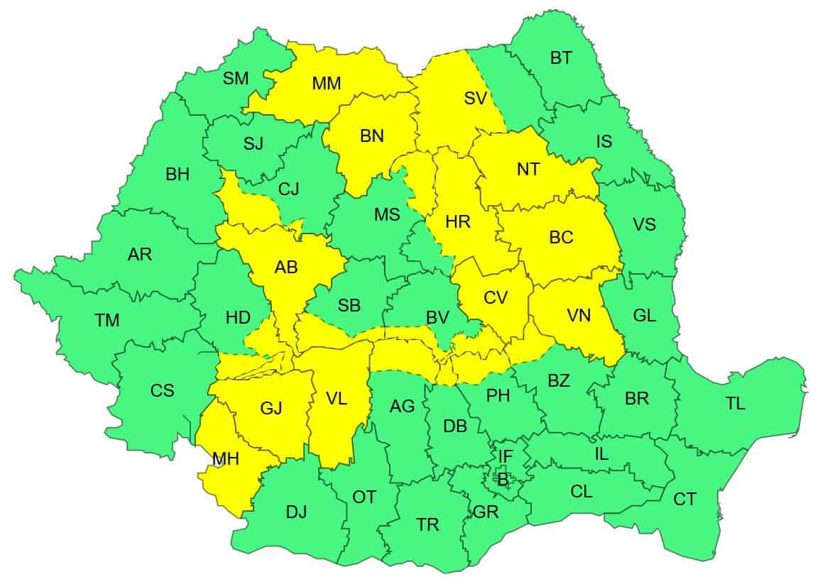 Cod galben de vreme rea în județul Cluj: averse torențiale, vijelii și grindină