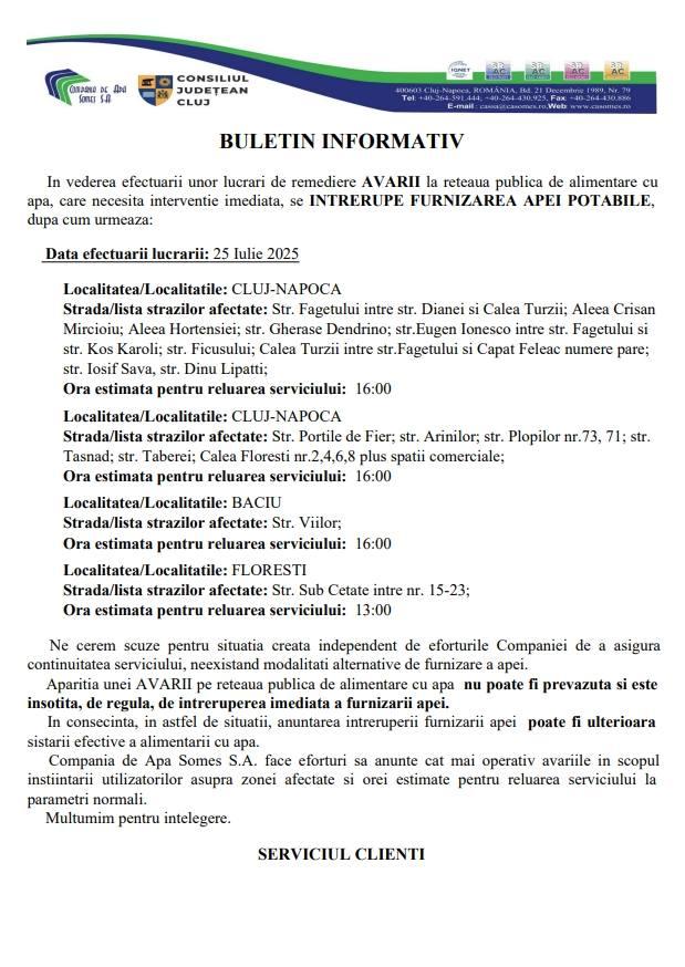 Atenție, se ia APA pe mai multe străzi din Cluj-Napoca, Florești și Baciu. Vezi străzile afectate