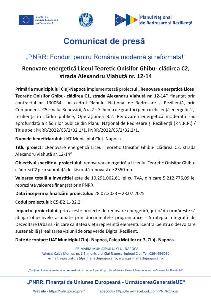 Comunicat de presă - "PNRR: Fonduri pentru România modernă și reformată!" - Renovare energetică Liceul Teoretic Onisifor Ghibu - clădirea C2