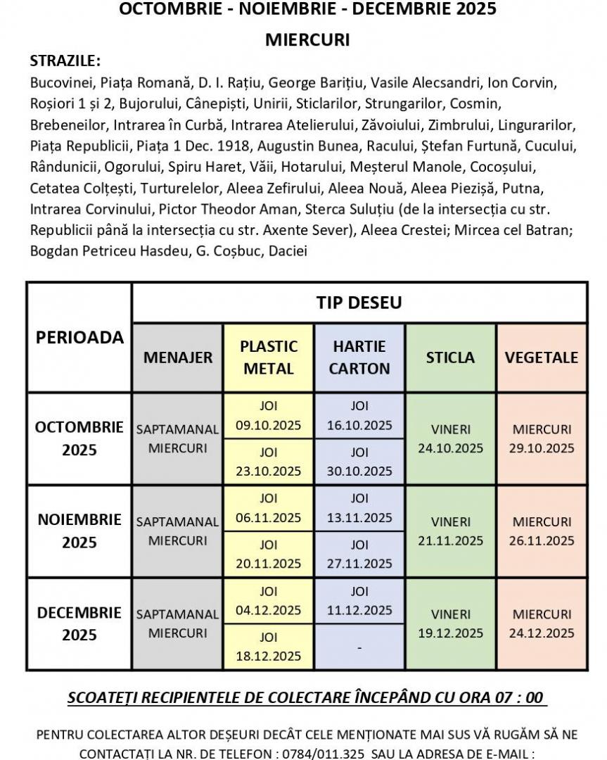 Iată programul de colectare a deșeurilor la Turda pe lunile octombrie, noiembrie și decembrie