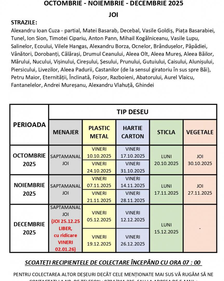 Iată programul de colectare a deșeurilor la Turda pe lunile octombrie, noiembrie și decembrie