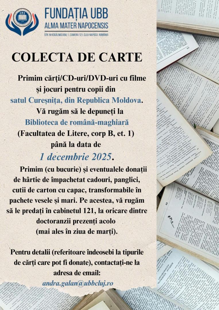 Fundația UBB organizează o nouă ediție a acțiunii „Colectă de carte pentru școli din mediul rural”. Unde și până când se poate dona