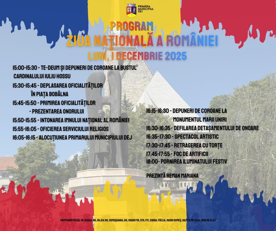 Ziua Națională a României, sărbătorită la Dej: Ceremonii, paradă și aprinderea iluminatului festiv de 1 Decembrie
