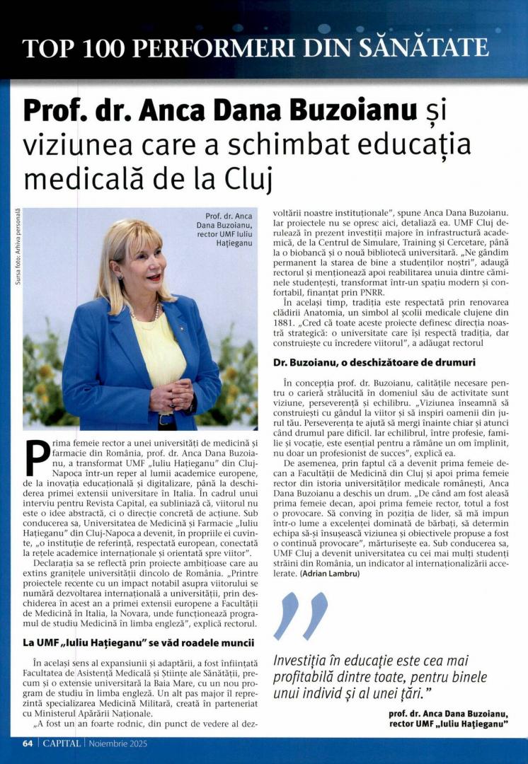 Rectorul UMF Cluj, Anca Buzoianu, între cei mai apreciați profesioniști din domeniul medical. E inclusă în Top Performeri în Sănătate
