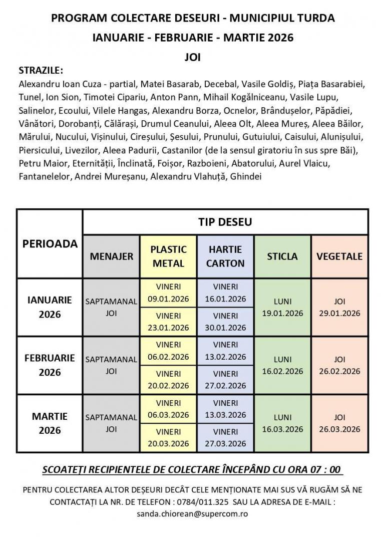 Iată programul de colectare a deșeurilor la Turda pe lunile ianuarie, februarie și martie