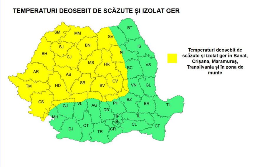 Temperaturi extrem de scăzute la Cluj: cod galben de ger, pe fondul unui val de aer polar