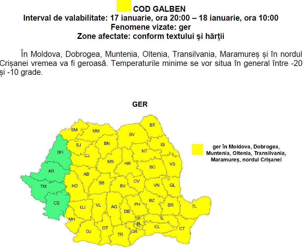 COD GALBEN de ger &icirc;n județul Cluj. Temperaturile coboară p&acirc;nă la -20 de grade, risc crescut de polei