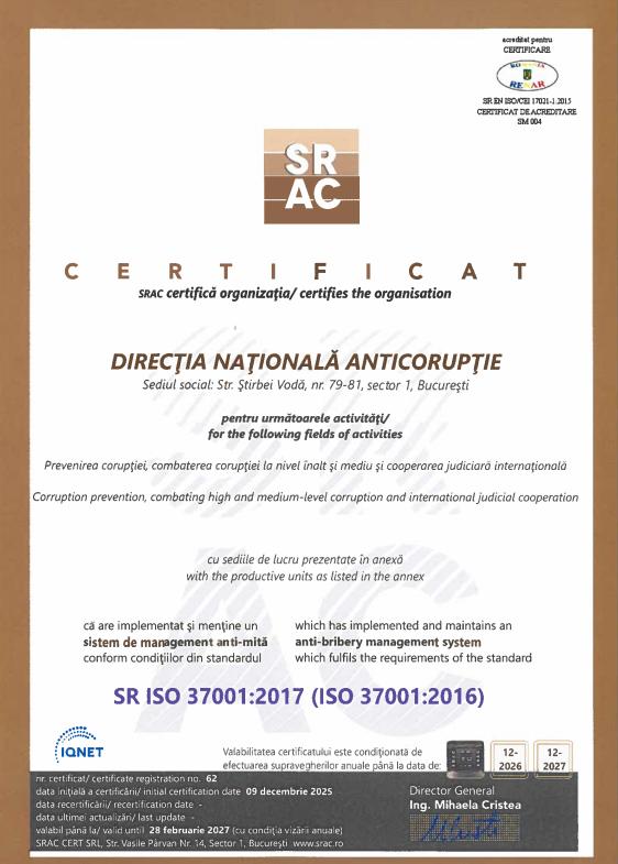 DNA face un pas istoric &icirc;n lupta anticorupție: sistem anti-mită certificat ISO la nivel internațional