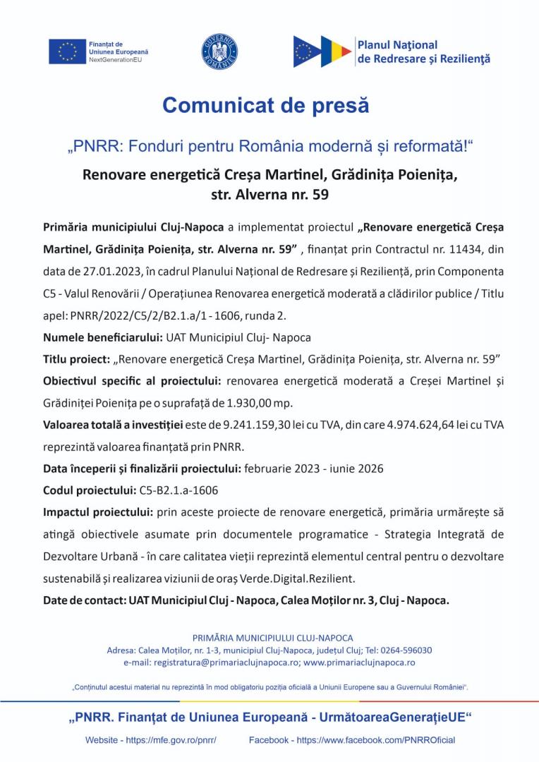 Comunicat de presă - "PNRR: Fonduri pentru Rom&acirc;nia modernă și reformată!" - Renovare energetică Creșa Martinel, Gradinița Poienița, str. Alv