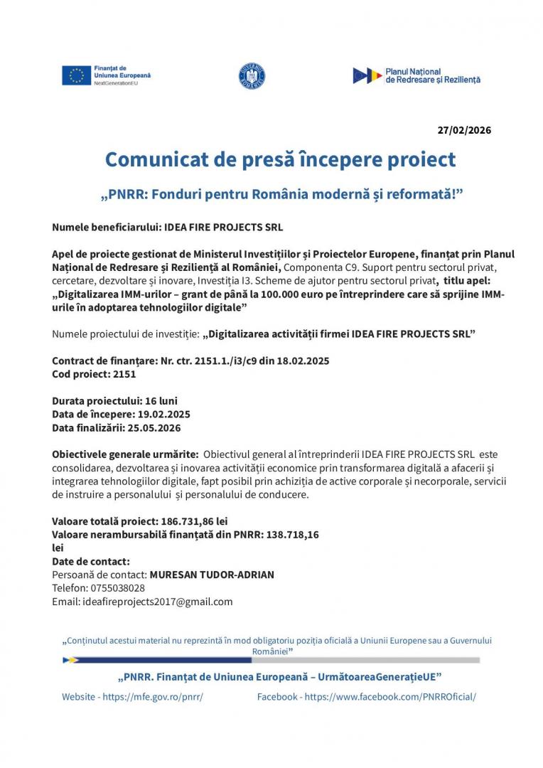 Comunicat de presă &icirc;ncepere proiect - &bdquo;PNRR: Fonduri pentru Rom&acirc;nia modernă și reformată!&rdquo;