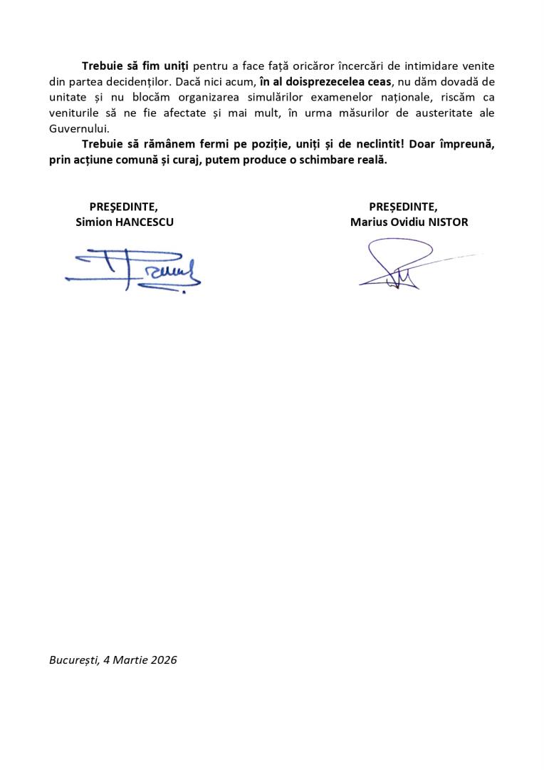 "Nu cedați presiunilor!" - Sindicatele din Educație le cer profesorilor să nu semneze pentru participarea la simulările pentru Evaluarea Naț
