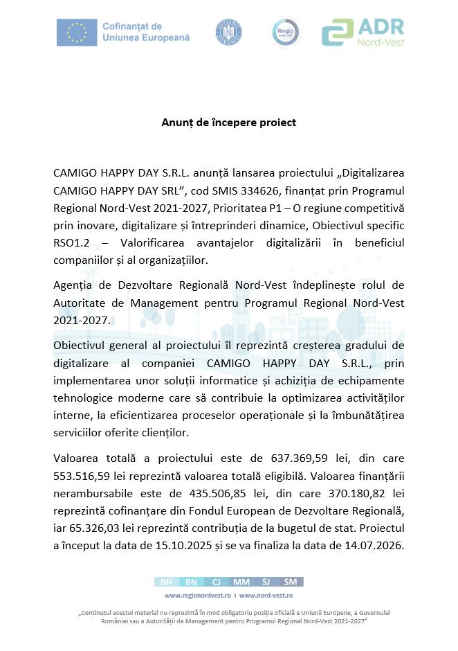 Comunicat de presă: CAMIGO HAPPY DAY S.R.L. anunță lansarea proiectului &bdquo;Digitalizarea CAMIGO HAPPY DAY SRL&rdquo;