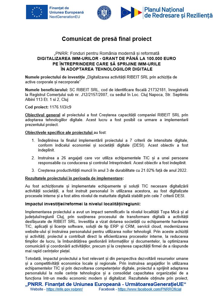 Comunicat de presă de &icirc;nceput - "PNRR: Fonduri pentru Rom&acirc;nia modernă și reformată" - IMM-URILOR - GRANT DE P&Acirc;NĂ LA 100.000 EURO  PE &Icirc;NTREPR