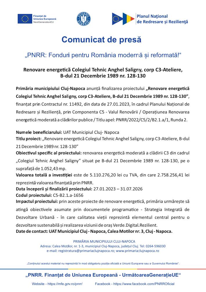 Comunicat de presă: Primăria municipiului Cluj-Napoca anunță finalizarea proiectului &bdquo;Renovare energetică Colegiul Tehnic Anghel Saligny, corp C3-Atel