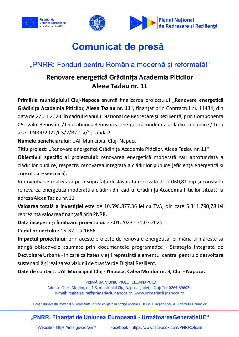 Comunicat de presă: Primăria Cluj-Napoca anunță finalizarea proiectului &bdquo;Renovare energetică Grădinița Academia Piticilor,  Aleea Tazlau nr. 11&rdquo;