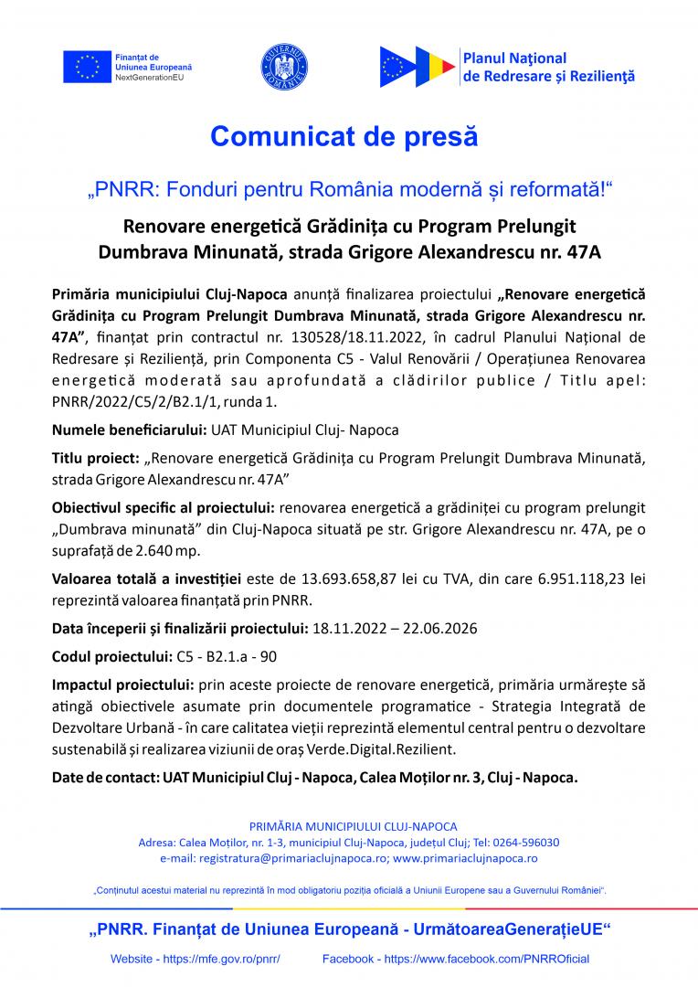 Comunicat de presă: Primăria Cluj-Napoca anunță finalizarea proiectului &bdquo;Renovare energetică Grădinița cu Program Prelungit Dumbrava Minunată, strada 
