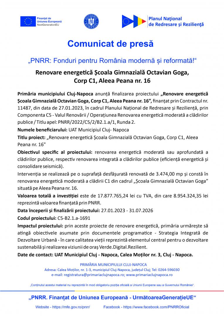 Comunicat de presă: Primăria Cluj-Napoca anunță finalizarea proiectului &bdquo;Renovare energetică Școala Gimnazială Octavian Goga, Corp C1&rdquo;