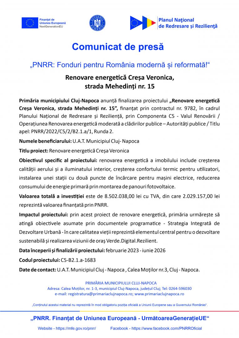 Comunicat de presă: Primăria Cluj-Napoca anunță finalizarea proiectului &bdquo;Renovare energetică Creșa Veronica, strada Mehedinți nr. 15&rdquo;