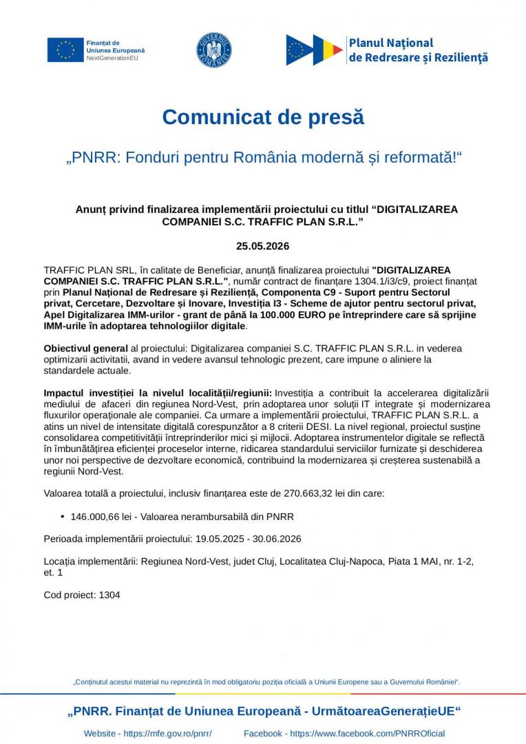 Comunicat de presă | &bdquo;PNRR: Fonduri pentru Rom&acirc;nia modernă și reformată!&ldquo;
