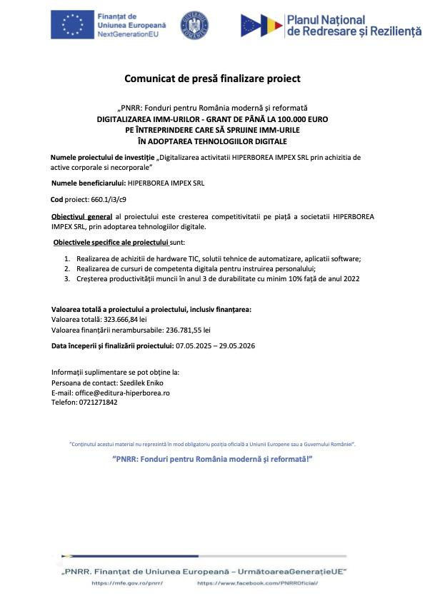 Comunicat de presă finalizare proiect