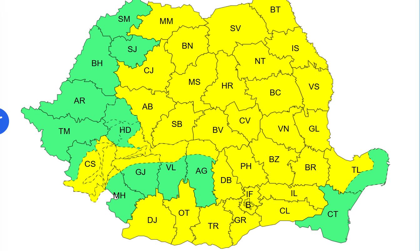 COD GALBEN de vreme severă &icirc;n Cluj: furtuni, rafale de 70 km/h și ploi torențiale
