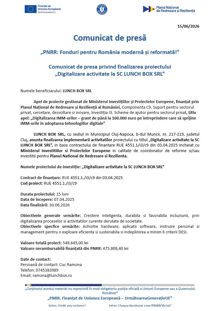 Comunicat de presa privind finalizarea proiectului &bdquo;Digitalizare activitate la SC LUNCH BOX SRL&rdquo;
