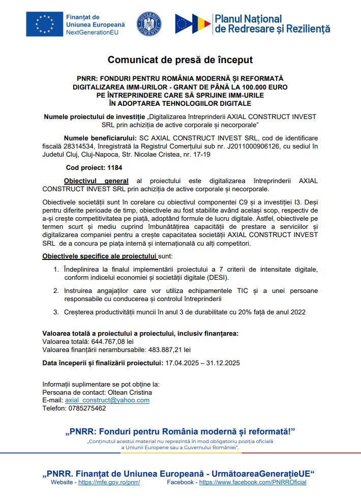 Comunicat de presă de &icirc;nceput: &bdquo;Digitalizarea &icirc;ntreprinderii AXIAL CONSTRUCT INVEST SRL prin achiziția de active corporale și necorporale&rdquo;