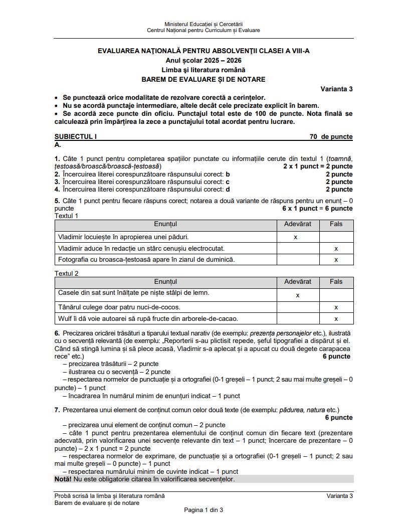 Evaluarea Națională 2026. Vezi SUBIECTELE și BAREMUL la proba de Limba Rom&acirc;nă