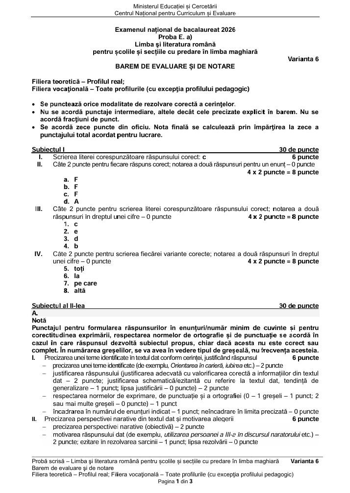 BAC 2026. S-a publicat BAREMUL de corectare la limba rom&acirc;nă. Vezi cum se punctează lucrările &icirc;n funcție de profil